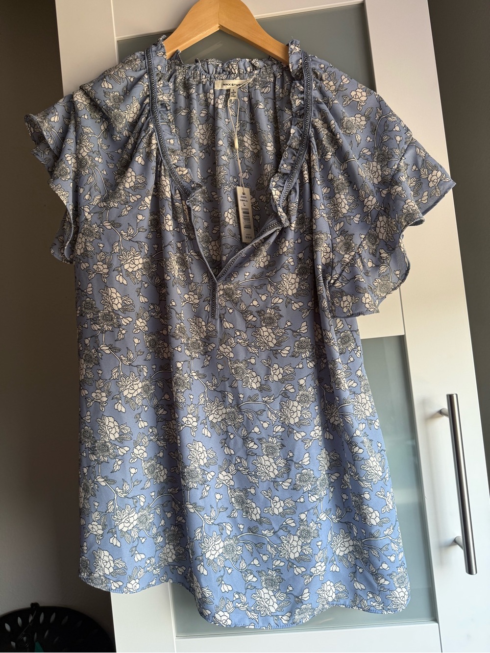 Max Studio Blue Floral Ruffle-Sleeve Blouse